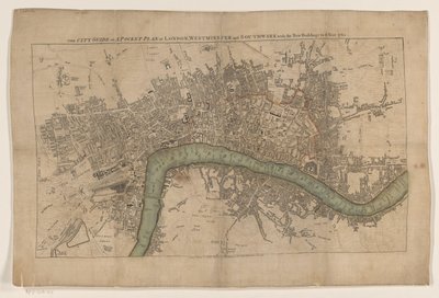 Plattegrond van London, 1761 Lontoon, Westminsterin ja Southwarkin kaupunkiopas tai taskusuunnitelma uusilla rakennuksilla vuoteen 1761 (otsikko esineessä) tekijältä Anonymous