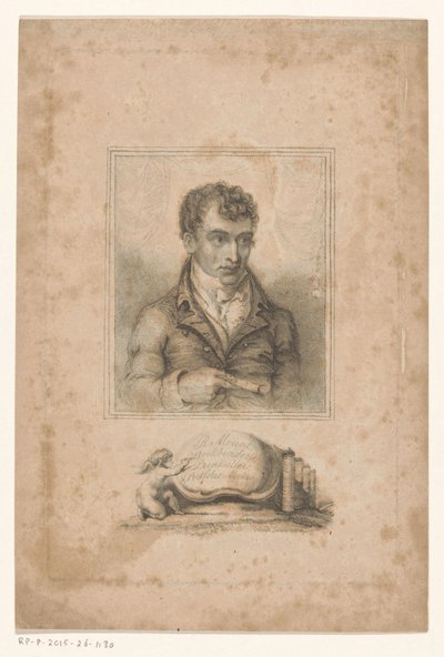 Muotokuva Robert Mountista, kirjansidonta- ja painomyyjästä Lontoossa R. Mount, Bookbinder, Printseller & Portfolio Maker (otsikko esineessä) tekijältä Anonymous