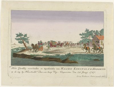 Oranssin prinsessa pidettiin Goejanverwellesluisissa, 1787 Haare Koninglyk Hooghiedin suuri hyökkäys ja pysäyttäminen tiellä lähellä Haastrechtiä Vrij-Corporistenin toimesta. 28. kesäkuuta 1787 (otsikko esineessä) Värilliset saksalaiset printit noin d tekijältä Anonymous