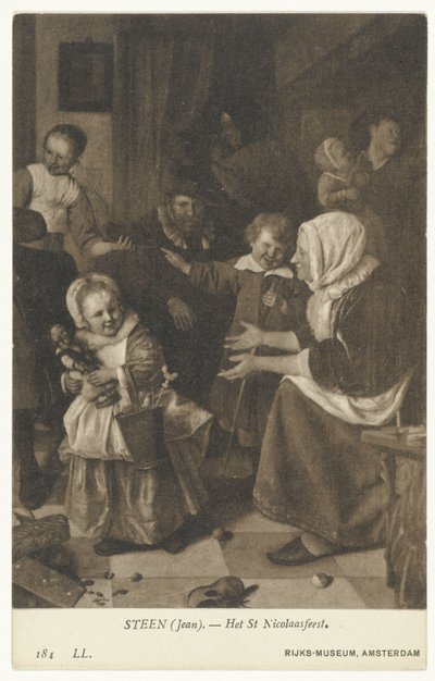 Jäljennös Jan Steenin maalauksesta Pyhän Nikolauksen juhla Pyhän Nikolauksen juhla (otsikko esineessä) Rijks-museo, Amsterdam (sarjan nimi) tekijältä Anonymous