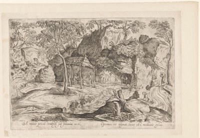 Rotsachtig landschap met dak op paleen en rechts leeuw Kaukana maailmasta, suojassa olkikaton alla, Landschappen naar Domenico Campagnola (sarjan nimi) tekijältä Anonymous