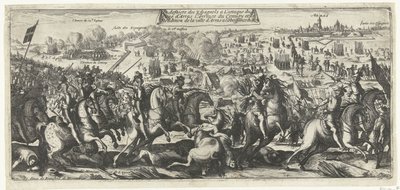 Ruiter Gevecht bij Arras, 1640 Espanjalaisten tappio Arrasin piirityksen hyökkäyksessä Saattueen saapuminen ja Arrasin kaupungin antautuminen kuninkaan kuuliaisuuteen (otsikko esineessä) tekijältä Anonymous