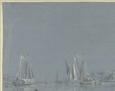 Proomut vedessä, etualalla soutuvene tekijältä Anonymous