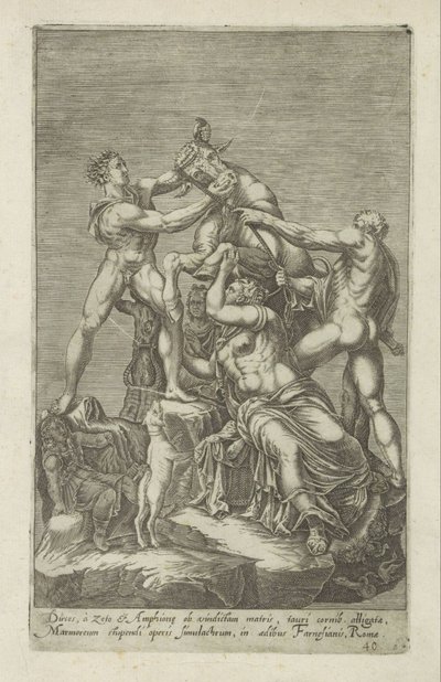 Sculptuur van Dirce die aan een stier wordt gebonden Farnese Stier Dirces, a Zeto i Amphion per la venjança de la seva mare (...) (títol a l
