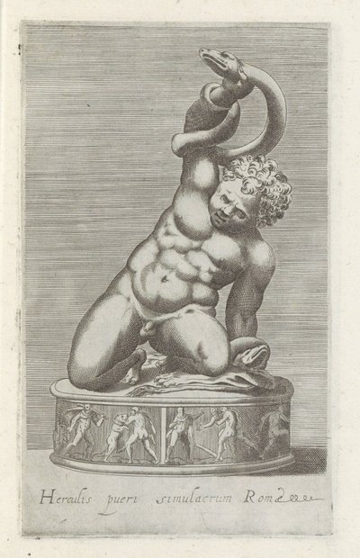 Veistos van de jonge Hercules taistelussa tapasi slangia Herkuleen, Rooman lapsen patsas (nimi esineessä) Antiikkiveistoksia Roomassa (sarjan nimi) Ikonit Rooman kaupungin muinaisista patsaista, joita nähdään julkisilla paikoilla (sarjan nimi) tekijältä Anonymous