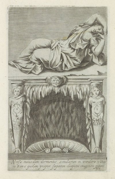 Sculptuur van de sleepende Ariadne boven een schouw Joidenkin mielestä Rooman Vatikaanin puutarhassa oleva tietyn nukkuvan nymfin kuva on kuva Kleopatrasta käärmeen vuoksi (nimi esineessä) Antiikkiveistoksia Roomassa (sarjan nimi) Kaupungin muinaiset patsa tekijältä Anonymous