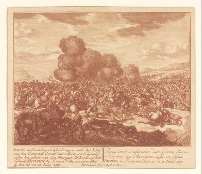 Taistelu keisarillisten joukkojen ja espanjalaisten välillä Sisiliassa kesäkuussa 1719 Bataille Keyserlijke Troupenin välillä kenraali Graaf van Mercyn komennossa ja espanjalaisten välillä markiisi de Leeden (...) hallinnassa (otsikko esineessä) tekijältä Anonymous