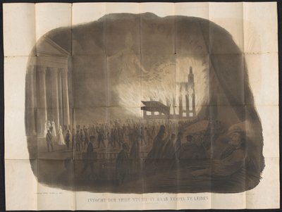 Sarjakuva Leidenin opiskelijaalmanakissa, 1866 Vapaa pääsy hänen temppeliinsä Leidenissä (unimaisema) (otsikko esineessä) tekijältä Anonymous