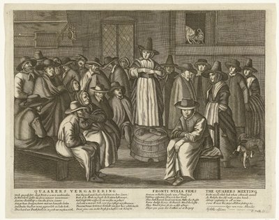 Sarjakuva Englannin kveekereista, noin 1656 Quaaker Meeting / Fronti Nulla Fides / The Quakers Meeting (otsikko esineessä) tekijältä Anonymous