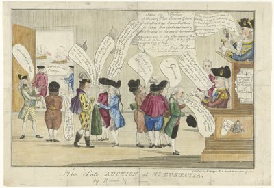 Englannin sarjakuva St. Eustatiuksesta, 1781 Myöhäinen huutokauppa St. Eustatiassa (otsikko esineessä) tekijältä Anonymous
