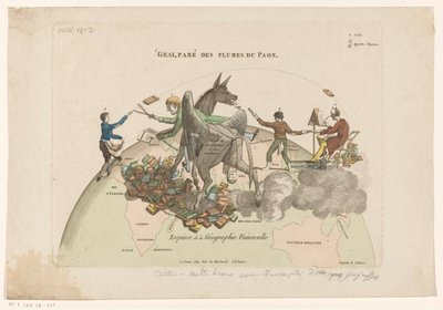 Spotprent op de Geographies Universelle van Conrad Malthe-Brun Luonnos universaalista maantieteestä (otsikko esineessä) tekijältä Anonymous