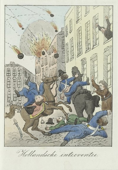 Sarjakuva Alankomaiden interventiosta, 1831 Hollannin väliintulo (otsikko esineessä) tekijältä Anonymous