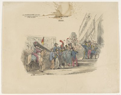 Sarjakuva Belgian kunniaristien jakamisesta, 1834 Distribution de Croix (otsikko esineessä) tekijältä Anonymous