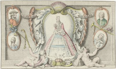 Seisova nainen, kaksi puttia ja neljä medaljonkia Muoti 1730 Mercure de France (sarjan nimi) tekijältä Anonymous