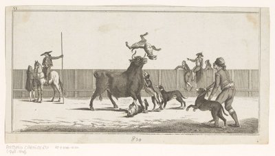Koirien hyökkäämä härkä Coleccion de las Principles suertes de una corrida de toros (sarjan nimi esineellä) Kokoelma tärkeimmistä härkätaisteluharjoituksista (sarjan nimi) tekijältä Anonymous