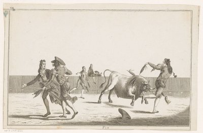 Härkä haastaa banderillat Coleccion de las Principles suertes de una corrida de toros (sarjan nimi esineellä) Kokoelma tärkeimmistä härkätaisteluharjoituksista (sarjan nimi) tekijältä Anonymous