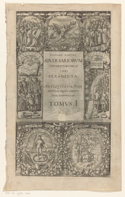 Titel tapasi rondom zeven cartouches Vastustajien kommentit, kuusikymmentä kirjaa, osa I (otsikko esineessä) Nimisivu: Caspar von Barth, Adversariorum commentariorum libri LX, 1624 tekijältä Anonymous