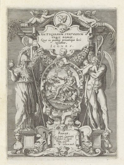Titelprent met Rooma, Minerva en Saturnus Antiikkiveistoksia Roomassa (sarjan nimi) Ikonit Rooman kaupungin muinaisista patsaista, joita nähdään julkisilla paikoilla (sarjan nimi esineessä) tekijältä Anonymous