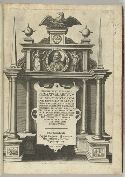 Otsikkopainatus kuvaukselle arkkiherttua Ernstin saapumisesta Alankomaiden kuvernööriksi Brysseliin, 1594 tekijältä Anonymous