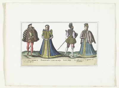 Kaksi naista ja kaksi miestä pukeutuneena muodin mukaan Nordrhein-Westfalenissa ja Flanderissa, n. 1580 Puvut Bas-Allemands et Flamands (nimi esineessä) tekijältä Anonymous