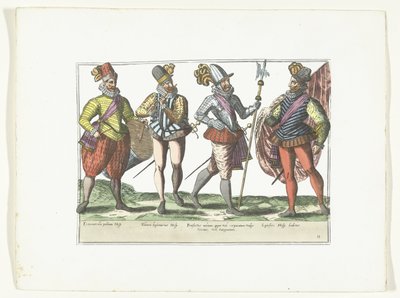 Neljä espanjalaista sotilasta univormussa, n. 1580 Puvut sotilaalliset espagnolit (nimi esineessä) tekijältä Anonymous