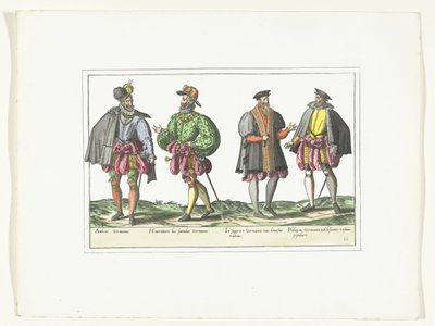Neljä saksalaiseen muotiin pukeutunutta miestä, n. 1580 Pukuvaatimukset (nimi esineessä) tekijältä Anonymous