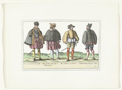 Neljä saksalaiseen muotiin pukeutunutta miestä, n. 1580 Pukuvaatimukset (nimi esineessä) tekijältä Anonymous