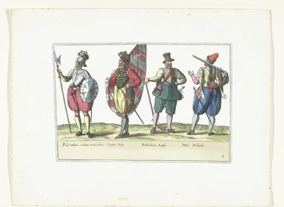 Neljä sotilasta univormuissa Hollannin ja Englannin muodin mukaan, n. 1580 Armeijan des Pays-Bas -asut (nimi esineessä) tekijältä Anonymous
