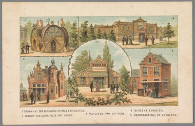 Viisi paviljonkia Amsterdamin maailmannäyttelyssä 1883 1 De Haan & De Sleutels -panimon juomahalli. 2 Lucas Bolsin rakennus - Het Loosie. 3 Lehdistöpaviljonki. 4 Kuvataide. 5 Leipä leipomo De Voorzorg. (otsikko esineessä) Muistutus aa tekijältä Anonymous