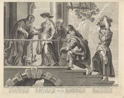 Vierailu Maria nousi ja meni kiireesti vuorelle Juudan kaupunkiin, ja astui Sakariaan taloon ja tervehti Elisabetia (otsikko esineessä) Royal Bijbel (sarjan nimi) tekijältä Anonymous