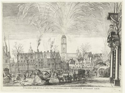 Vuurwerk; intocht van Ferdinand te Gent vuonna 1635 (nro 41) Nouse ylös, jota katsot palavaa tulta taivaalla, Fernandin rakkaus sytyttää (otsikko esineessä) Kuva yöpaloista Hippodromissa ja tornissa tekijältä Anonymous
