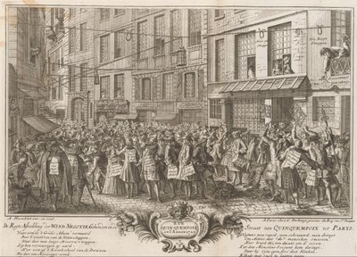 Tuulikauppa Rue Quinquempoixilla, 1720 De Regte Kuva Wind Negotie -tapahtumasta, joka pidettiin Quinquempoix