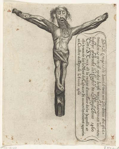Ihmeellinen krusifiksi Deinzen luostarissa, 1460 Tämä H. Cruys on Leli-blomin juuri, joka löydettiin den Bergh van Calvarienista ja Miraculeuselyc ghebrochtista Clooster van Deynse Anno 1460:ssa (otsikko esineessä) tekijältä Anonymous