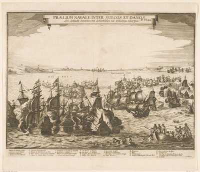 Meritaistelu Ruotsin ja Tanskan laivastojen välillä Beltissä, 1644 Praelium navale inter Suecos et Danos / Ao. 1644 / Katso Schlacht Zwieschen den Schwedischen und Dehnischen Schiefffflota (otsikko esineessä) tekijältä Anonymous