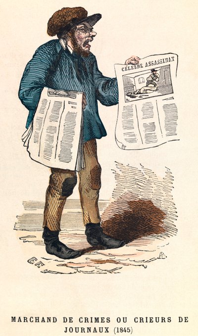 Sanomalehtien huutaja vuonna 1845, kaiverrus, yksityinen kokoelma - Sanomalehtimyyjä Pariisissa tekijältä Anonymous Anonymous