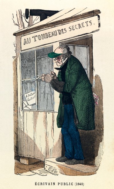 Julkinen kirjailija vuonna 1840 Pariisissa, kaiverrus, yksityinen kokoelma - Julkinen kirjailija Pariisissa tekijältä Anonymous Anonymous