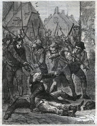 Kohtaus Ranskan vallankumouksen aikana: Theobald de Dillon (1745-1792) ja henkiupseeri nimeltä Berthois murhattiin sotilaiden ja Lillen asukkaiden toimesta, jotka syyttivät heitä maanpetoksesta. Kaiverrus vuodelta 1866 kirjassa "Histoire de la Revolution f tekijältä Anonymous Anonymous