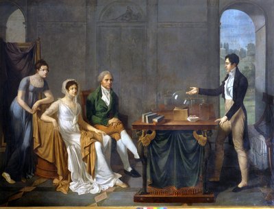 Tiedemies (todennäköisesti Alessandro (Alexandre) Volta) tekee tieteellistä koetta Melzi Derilin perheen edessä. Anonyymi maalaus. . tekijältä Anonymous Anonymous