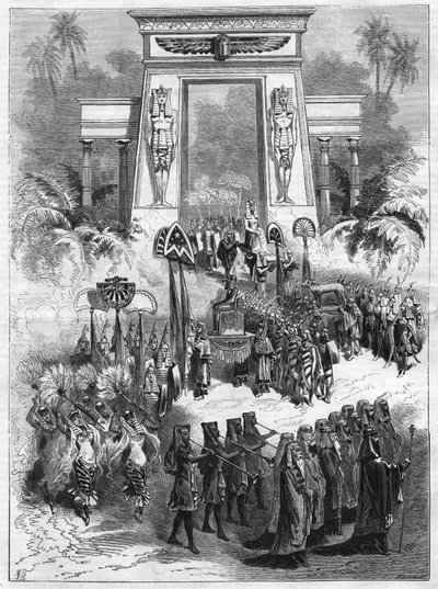 Teoksen II näytös, Aida. Giuseppe Verdin (1813-1901) suuri ooppera neljässä näytöksessä ja seitsemässä maalauksessa esitetään italialaisteatterissa Pariisissa. Kaiverrus "" L