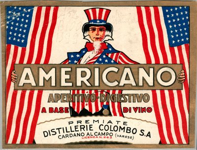 Mainos italialaisesta lyhytjuomasta Americano, allegorinen kuva Amerikasta Uncle Sam tekijältä Anonymous Anonymous