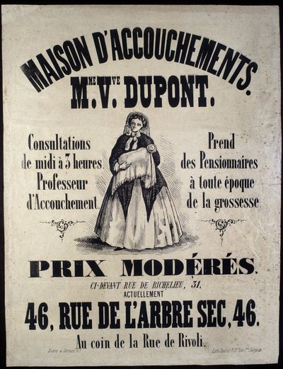 Syntymäkodin (äitiyskodin) mainonta Pariisissa vuonna 1850. Madame Dupont, halvat hinnat 46 rue de l