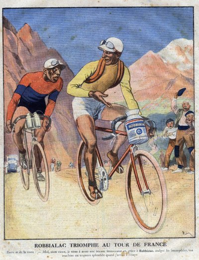 Mainos maalaukselle Robbialac: "" Robbialacin voitto Tour de Francessa"". Pyöräilijä myy pyöräänsä Robbialac-maalin ansiot. Kaiverrus. Yksi "The Little Journal Illustrates" -kirjoista tekijältä Anonymous Anonymous