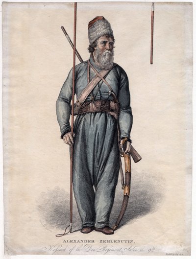Aleksanteri Zemljanuhhin, Donin rykmentin kasakka - Anonyymi - n. 1813 - Etsaus, akvarelli - 34,3x25,3 - Yksityiskokoelma tekijältä Anonymous Anonymous