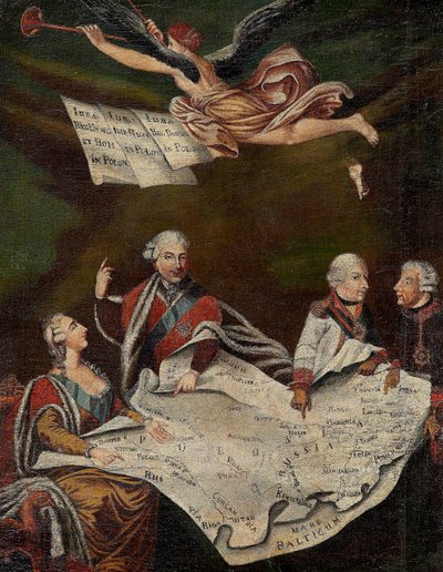Allegoria Puolan jakamisesta Venäjän Katariina II:n (1729-1796), Stanislas II Augustuksen (Stanislaw August Poniatowski) kesken tekijältä Anonymous Anonymous