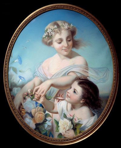 Allegoria kesästä Äiti ja hänen tyttärentytär pitelevät kukkakimppuja. Anonyymi maalaus. 1700-luvun Rouen, Musee des Beaux Arts tekijältä Anonymous Anonymous
