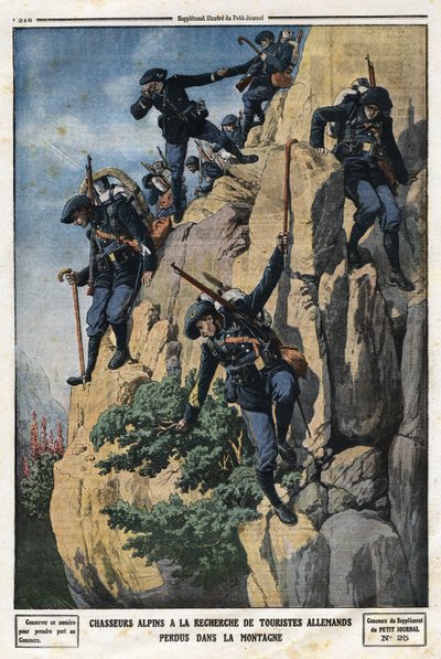 Alppimetsästäjät etsivät kadonneita saksalaisia turisteja. He halusivat mennä Chartreusen vuoren Nero-vuorelle (helmet du Nero). Kaiverrus "" Le Petite Journalissa" 7.7.1912. Yksityinen kokoelma. tekijältä Anonymous Anonymous