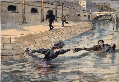 Nerokas pelastus: lähellä Pyhän Isän siltaa nuotoihin saostuneen naisen pelastaa toista naista auttanut mies. Kaiverrus sanomalehdestä "" Le Petite Parisien", 8/03/1908. Yksityinen kokoelma. tekijältä Anonymous Anonymous