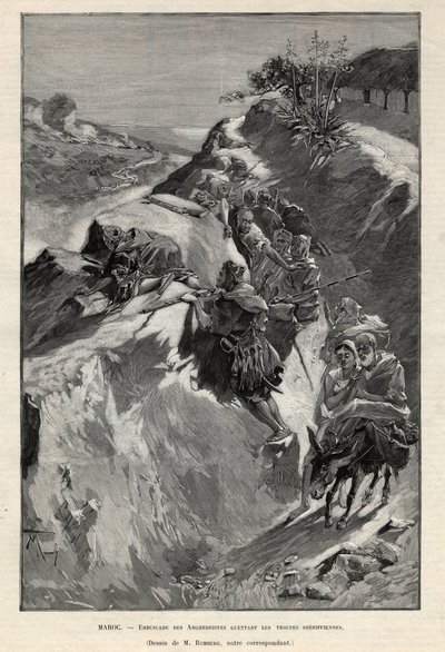 Andjera-vuoren kapina Marokossa: Angherristien väijytys odottamassa Sheriffin joukkoja. Kaiverrus "Le monde illustree" -kirjaan vuodelta 1892. Yksityinen kokoelma. tekijältä Anonymous Anonymous