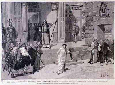 Antigone tuomittiin kuolemaan. Kohtaus näytelmästä Antigine, jossa on Camille Saint-Saensin musiikki, esitettiin Pariisissa tekijältä Anonymous Anonymous