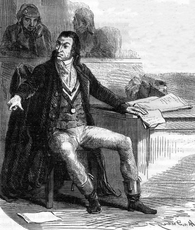 Antoine Quentin Fouquier de Tinville, dit Fouquier-Tinville (1746-1795), ranskalainen lainsäätäjä ja vallankumouksellinen, vallankumoustuomioistuimen julkinen syyttäjä - Kaiverrus "Histoire des Girondins" -kirjoitukseen, kirjoittanut Alphonse de Lamartine  tekijältä Anonymous Anonymous